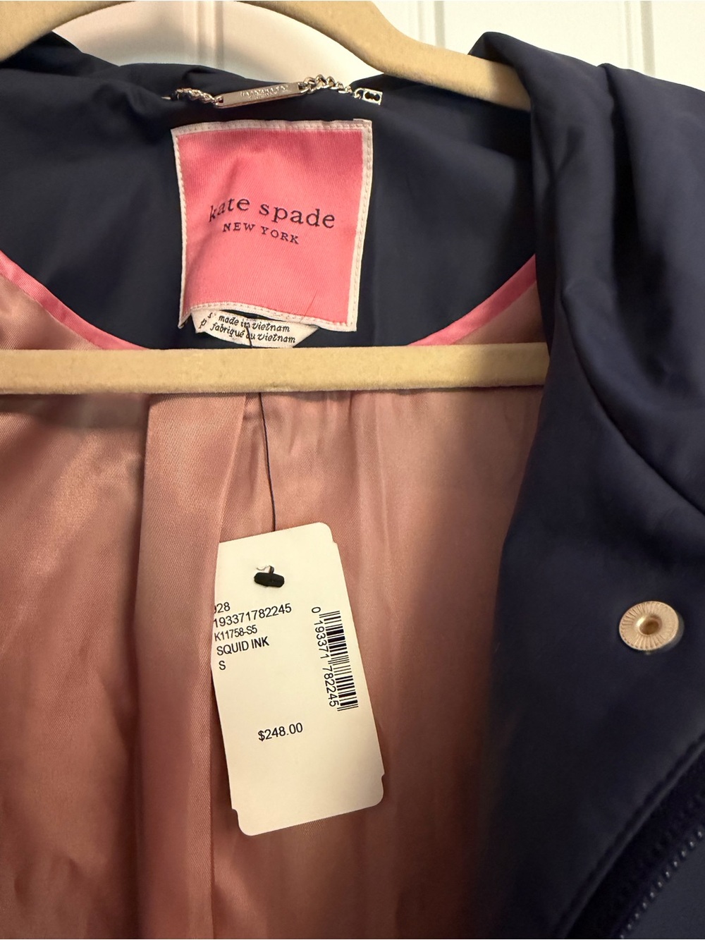 NWT Kate Spade Navy Rain/Trench Coat with Pink Lining size S - Picture 5 of 5
